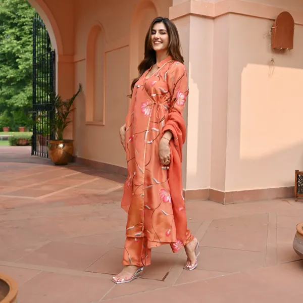 Orange_Floral_Printed_Angrakha_Style_A-Line_Kurta_With_Palazzos_&_Dupatta_For_Women
