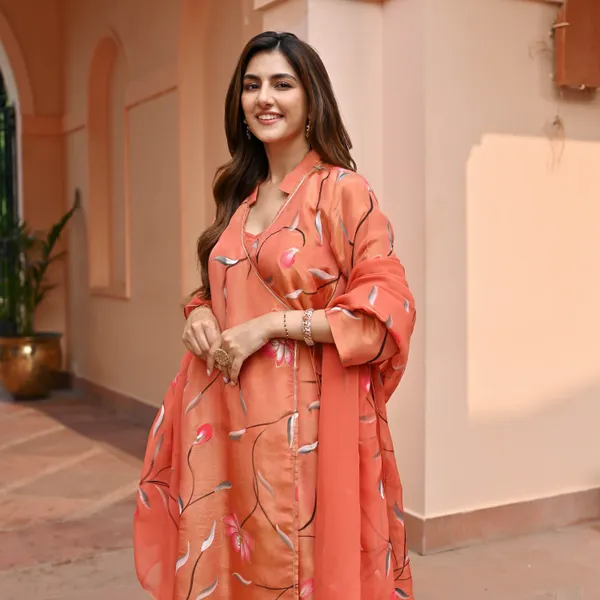 Orange_Floral_Printed_Angrakha_Style_A-Line_Kurta_With_Palazzos_&_Dupatta_For_Women