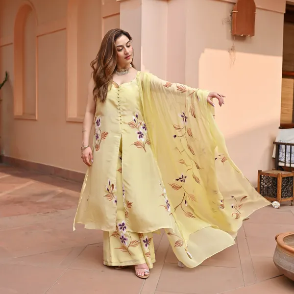 Yellow_Floral_Printed_Shoulder_Straps_Straight_Kurta_With_Palazzos_&_Dupatta_For_Women