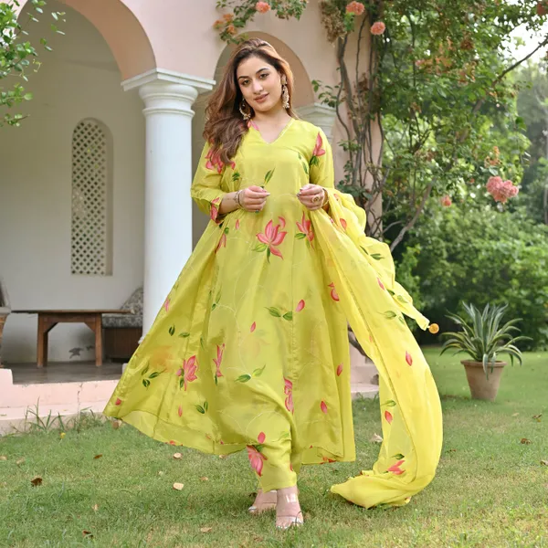 Yellow_Floral_Printed_V-Neck_A-Line_Kurta_With_Palazzos_&_Dupatta_For_Women