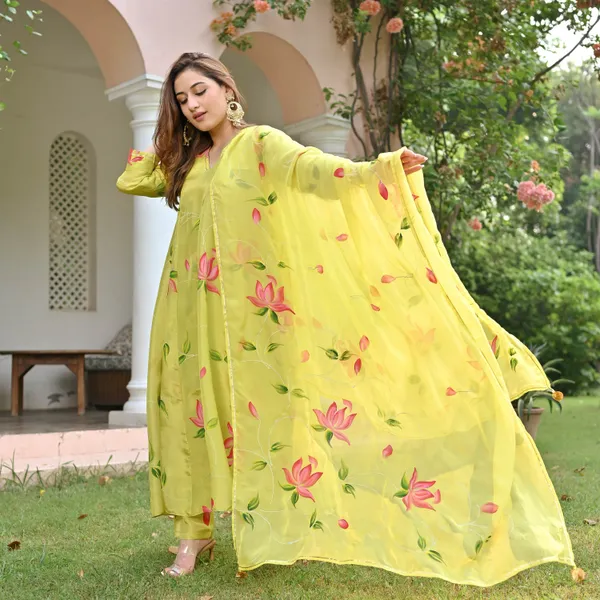 Yellow_Floral_Printed_V-Neck_A-Line_Kurta_With_Palazzos_&_Dupatta_For_Women