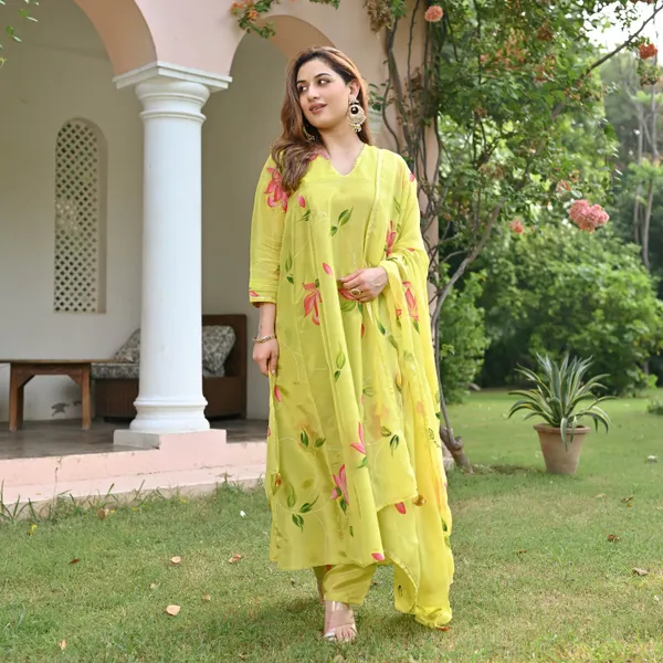 Yellow_Floral_Printed_V-Neck_A-Line_Kurta_With_Palazzos_&_Dupatta_For_Women