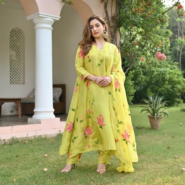 Yellow_Floral_Printed_V-Neck_A-Line_Kurta_With_Palazzos_&_Dupatta_For_Women