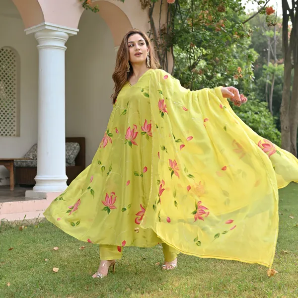 Yellow_Floral_Printed_V-Neck_A-Line_Kurta_With_Palazzos_&_Dupatta_For_Women