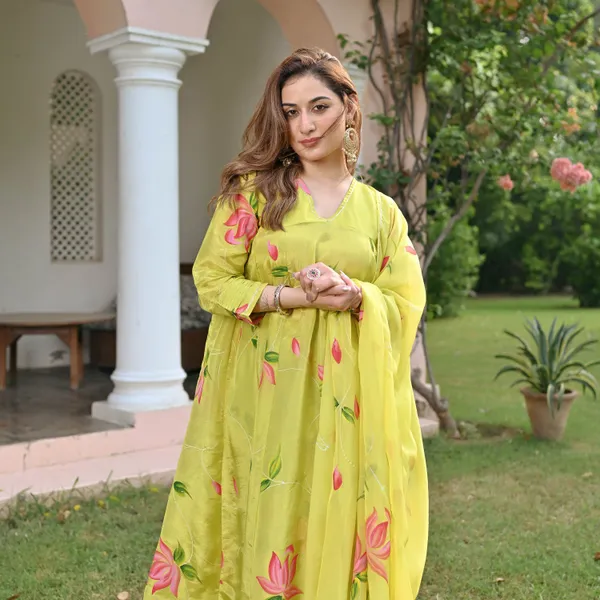 Yellow_Floral_Printed_V-Neck_A-Line_Kurta_With_Palazzos_&_Dupatta_For_Women