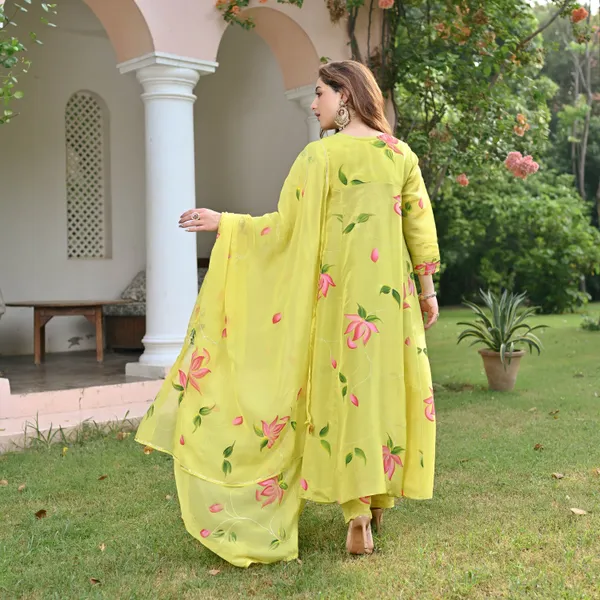 Yellow_Floral_Printed_V-Neck_A-Line_Kurta_With_Palazzos_&_Dupatta_For_Women