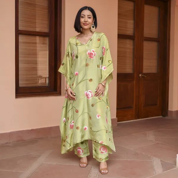 Green_Floral_Printed_Gotta_Patti_Kaftan_Kurta_With_Palazzos_For_Women