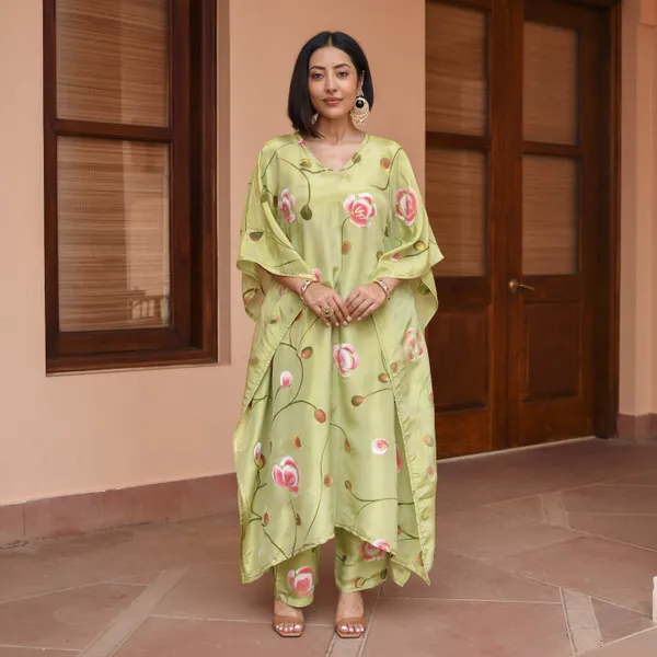 Green_Floral_Printed_Gotta_Patti_Kaftan_Kurta_With_Palazzos_For_Women