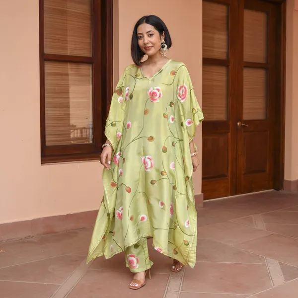 Green_Floral_Printed_Gotta_Patti_Kaftan_Kurta_With_Palazzos_For_Women