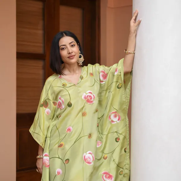 Green_Floral_Printed_Gotta_Patti_Kaftan_Kurta_With_Palazzos_For_Women