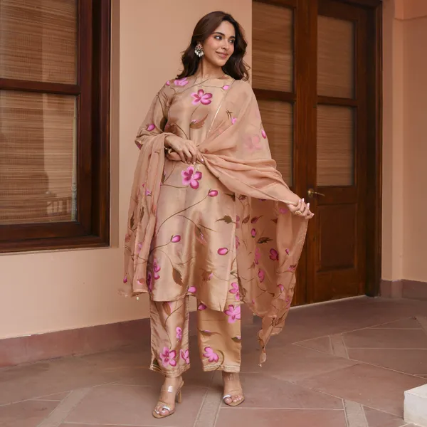 Brown_Floral_Printed_Round_Neck_Straight_Kurta_With_Palazzos_&_Dupatta_For_Women