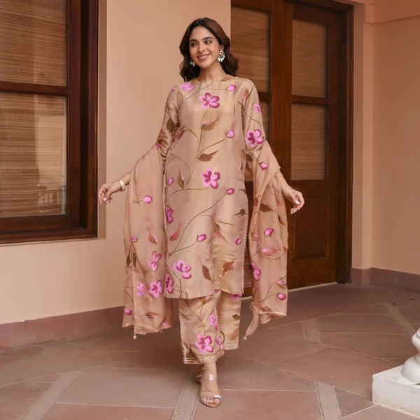 Brown_Floral_Printed_Round_Neck_Straight_Kurta_With_Palazzos_&_Dupatta_For_Women