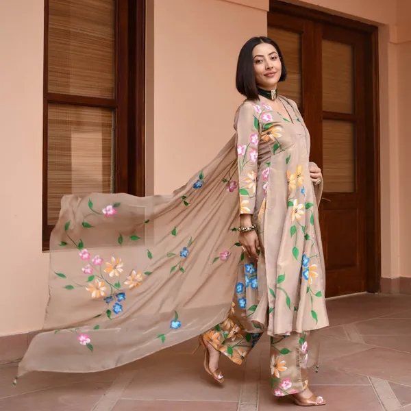 Brown_Floral_Printed_V-Neck_Empire_Styled_Straight_Kurta_With_Palazzos_&_Dupatta_For_Women