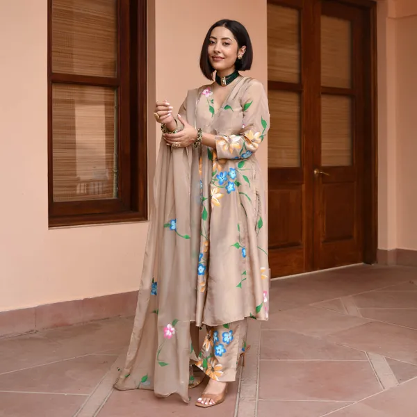 Brown_Floral_Printed_V-Neck_Empire_Styled_Straight_Kurta_With_Palazzos_&_Dupatta_For_Women