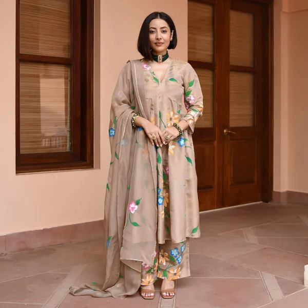 Brown_Floral_Printed_V-Neck_Empire_Styled_Straight_Kurta_With_Palazzos_&_Dupatta_For_Women