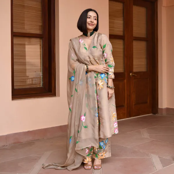 Brown_Floral_Printed_V-Neck_Empire_Styled_Straight_Kurta_With_Palazzos_&_Dupatta_For_Women