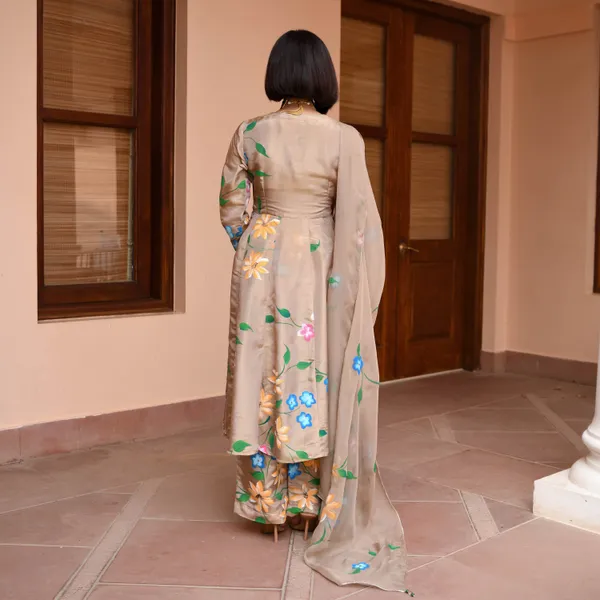 Brown_Floral_Printed_V-Neck_Empire_Styled_Straight_Kurta_With_Palazzos_&_Dupatta_For_Women