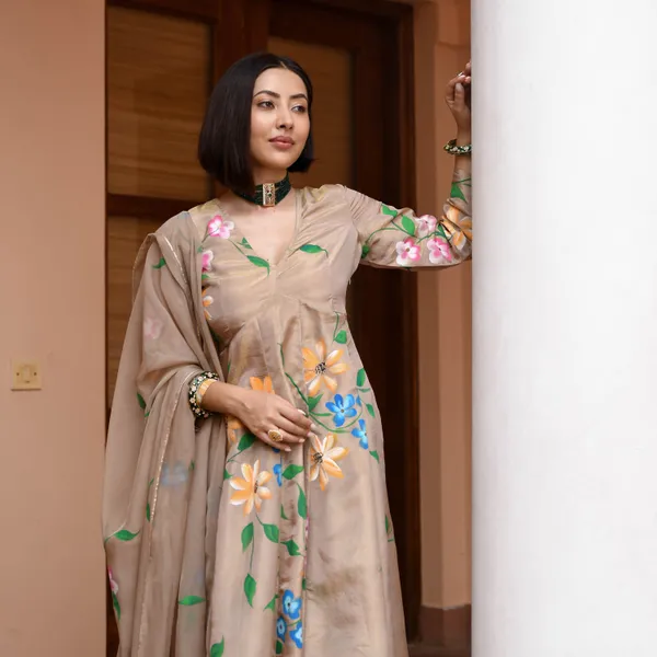Brown_Floral_Printed_V-Neck_Empire_Styled_Straight_Kurta_With_Palazzos_&_Dupatta_For_Women