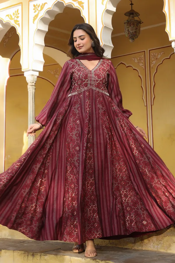 Wine_Aatika_Printed_Chanderi_Flared_Gowns_With_Dupatta_For_Women