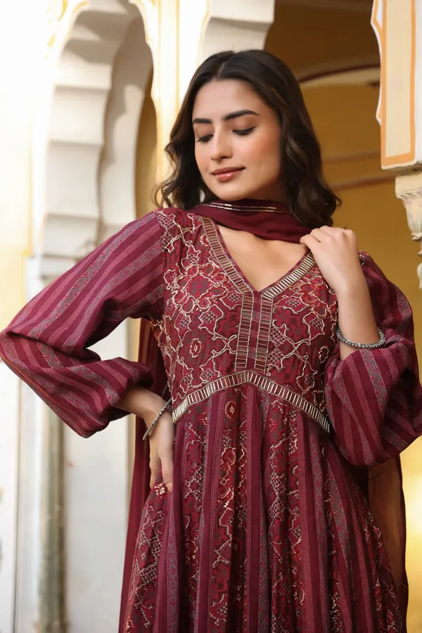 Wine_Aatika_Printed_Chanderi_Flared_Gowns_With_Dupatta_For_Women