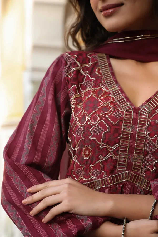 Wine_Aatika_Printed_Chanderi_Flared_Gowns_With_Dupatta_For_Women