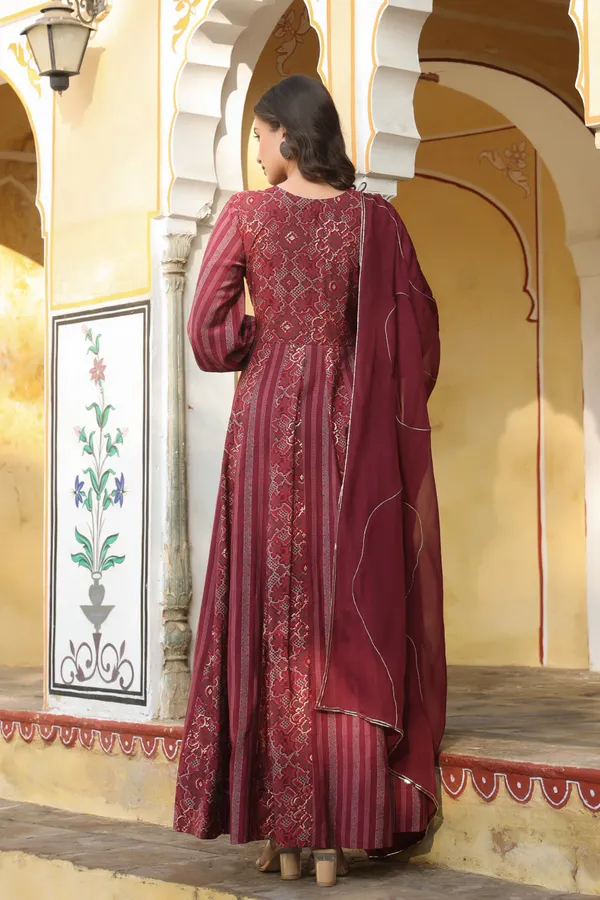 Wine_Aatika_Printed_Chanderi_Flared_Gowns_With_Dupatta_For_Women