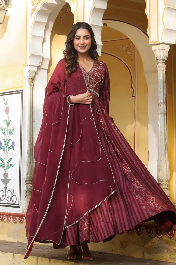 Wine_Aatika_Printed_Chanderi_Flared_Gowns_With_Dupatta_For_Women