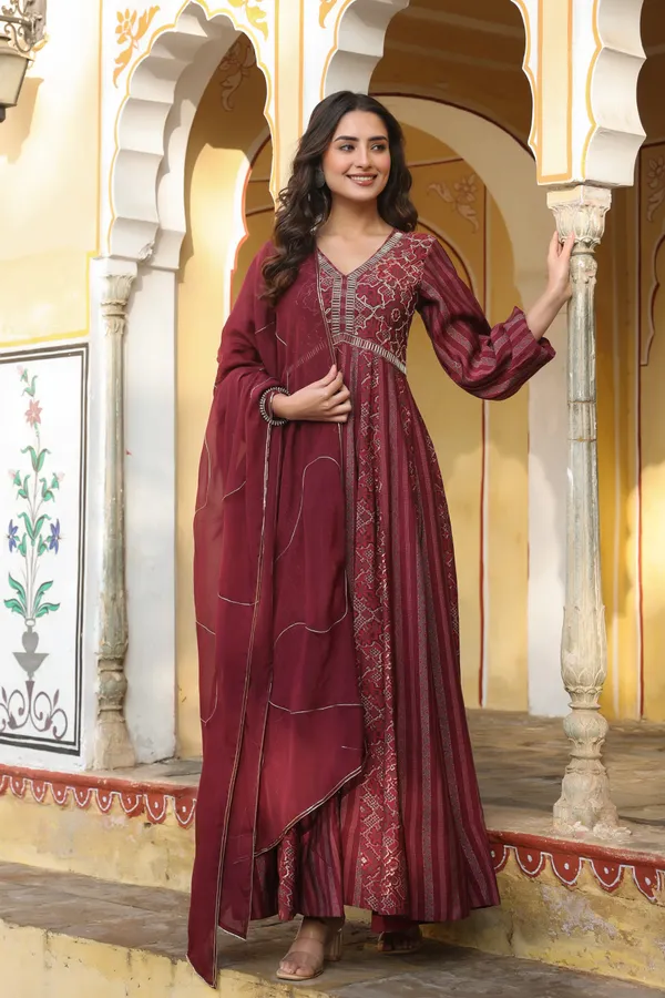 Wine_Aatika_Printed_Chanderi_Flared_Gowns_With_Dupatta_For_Women