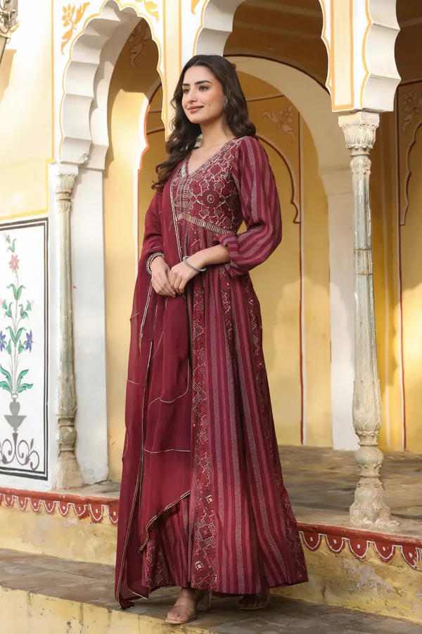 Wine_Aatika_Printed_Chanderi_Flared_Gowns_With_Dupatta_For_Women