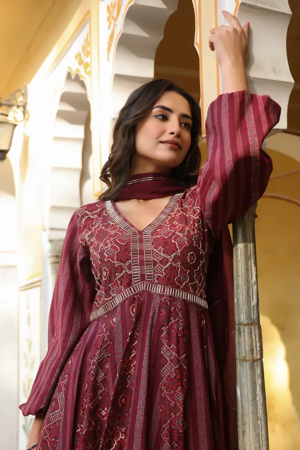 Wine_Aatika_Printed_Chanderi_Flared_Gowns_With_Dupatta_For_Women