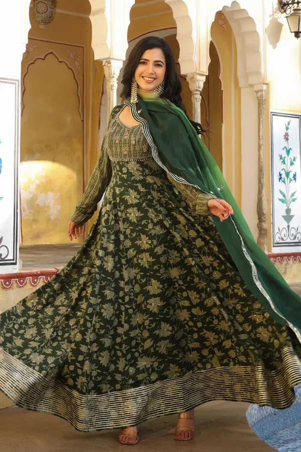 Green_Abeela_Printed_Rayon_Gown_With_Shaded_Dupatta_For_Women