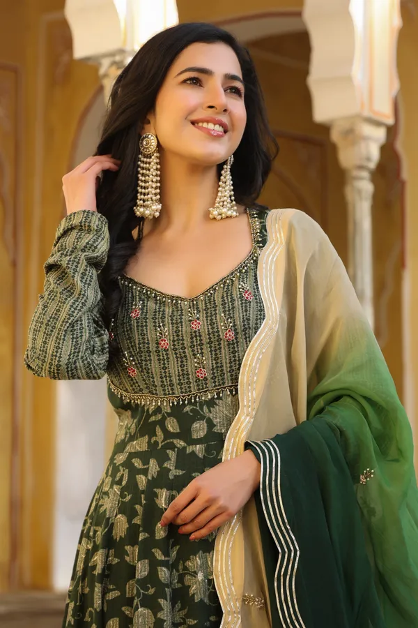 Green_Abeela_Printed_Rayon_Gown_With_Shaded_Dupatta_For_Women