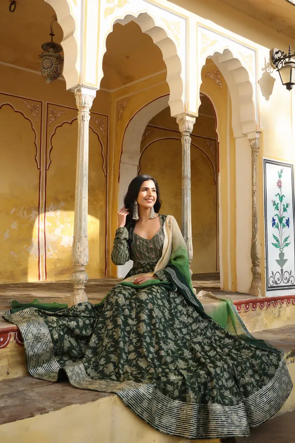 Green_Abeela_Printed_Rayon_Gown_With_Shaded_Dupatta_For_Women