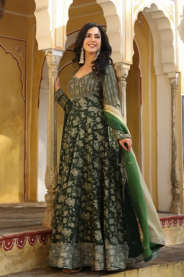 Green_Abeela_Printed_Rayon_Gown_With_Shaded_Dupatta_For_Women