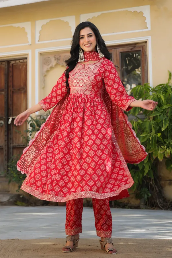 Red_Rayon_3/4Th_Sleeve_Kurta_Set_For_Women
