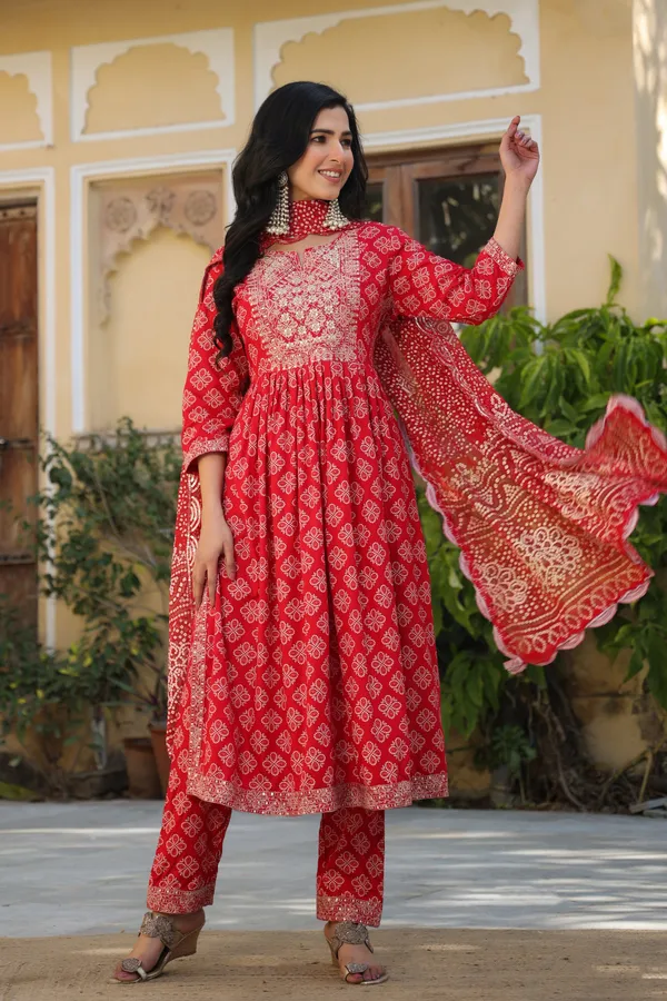 Red_Rayon_3/4Th_Sleeve_Kurta_Set_For_Women