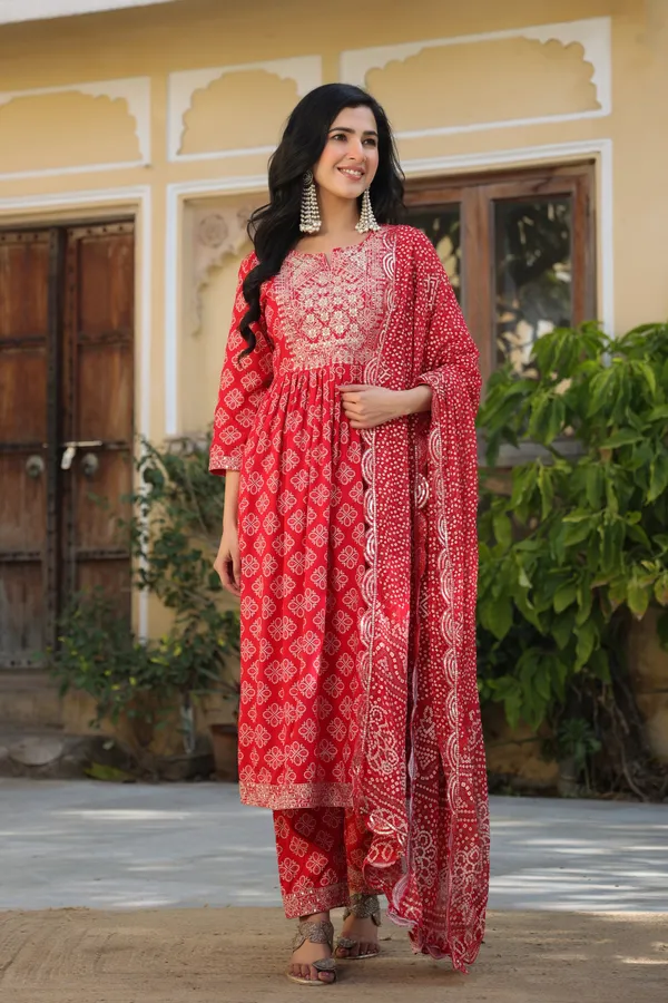 Red_Rayon_3/4Th_Sleeve_Kurta_Set_For_Women