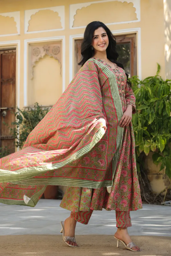 Green_Cotton_Printed_Kurta_Set_For_Women