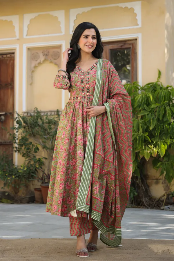 Green_Cotton_Printed_Kurta_Set_For_Women