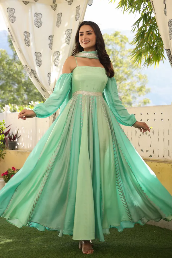 Green_Muslin_Gown_With_Dupatta_For_Women