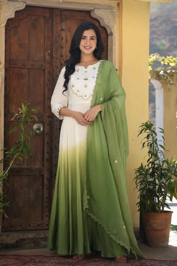Green_Ombre_Muslin_Gown_With_Dupatta_Set_For_Women