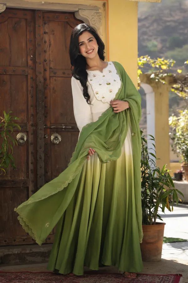Green_Ombre_Muslin_Gown_With_Dupatta_Set_For_Women