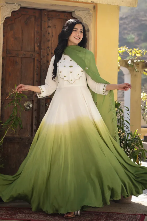 Green_Ombre_Muslin_Gown_With_Dupatta_Set_For_Women