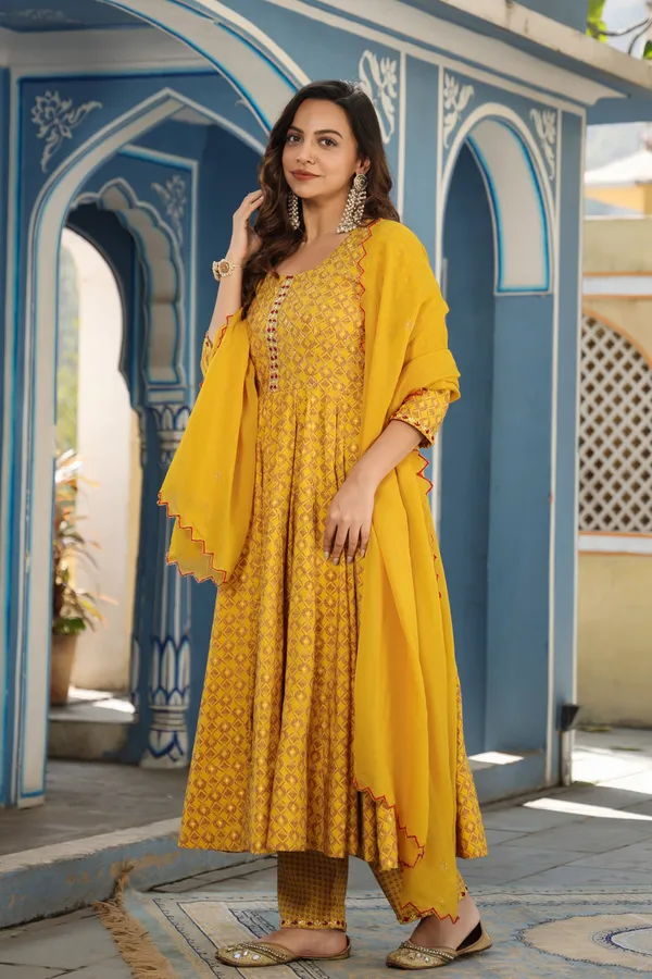 Mustard_Chanderi_Anarkali_Set_With_Dupatta_For_Women