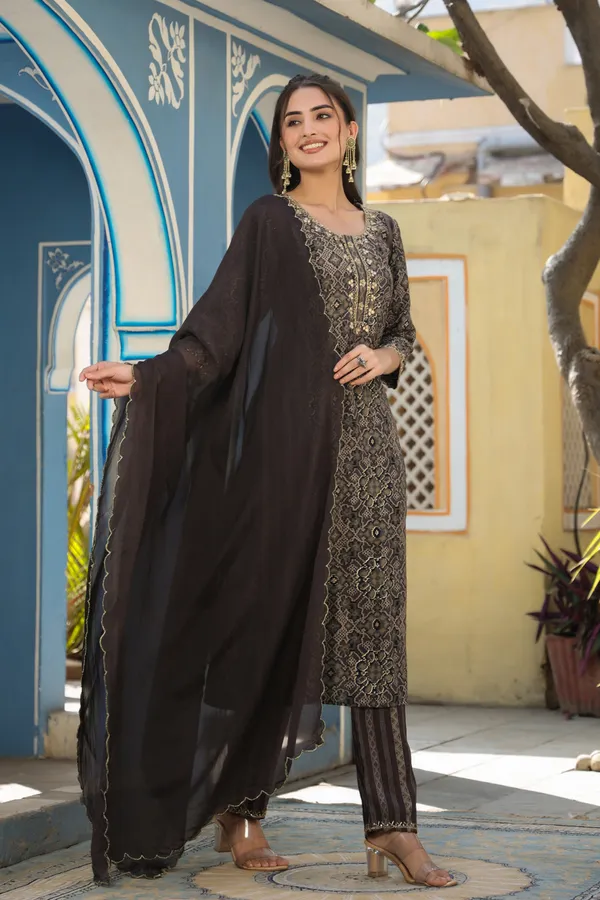 Brown_Chanderi_Handwork_Kurta_Set_For_Women