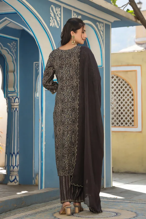 Brown_Chanderi_Handwork_Kurta_Set_For_Women