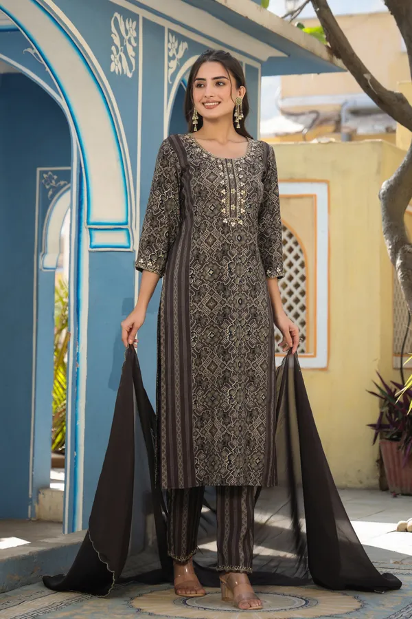 Brown_Chanderi_Handwork_Kurta_Set_For_Women