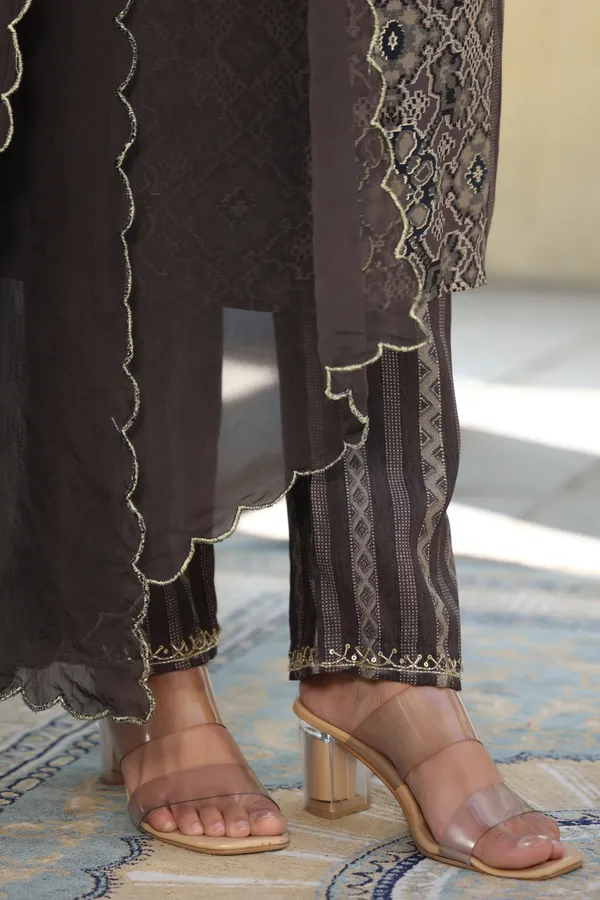 Brown_Chanderi_Handwork_Kurta_Set_For_Women
