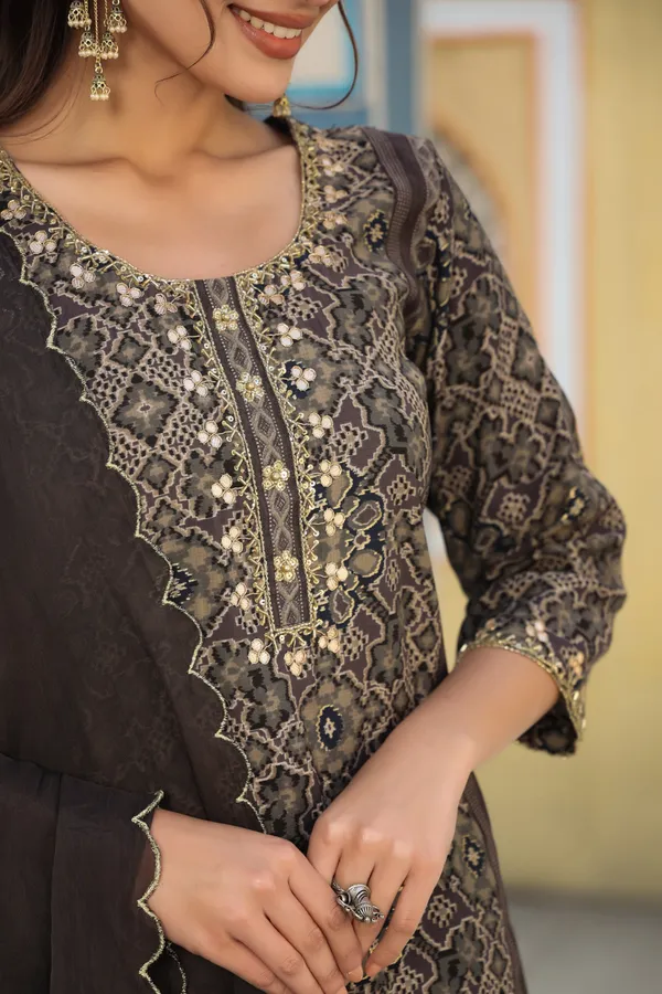 Brown_Chanderi_Handwork_Kurta_Set_For_Women