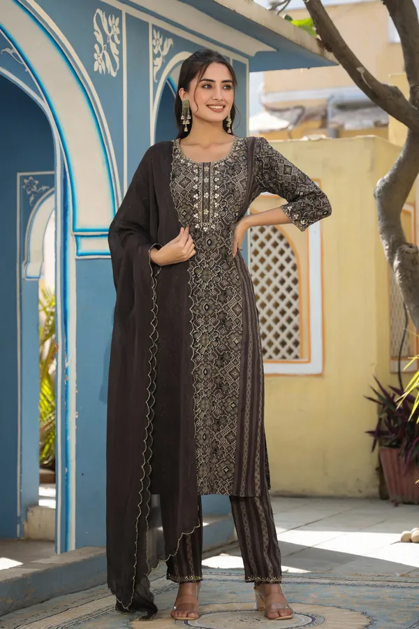 Brown_Chanderi_Handwork_Kurta_Set_For_Women